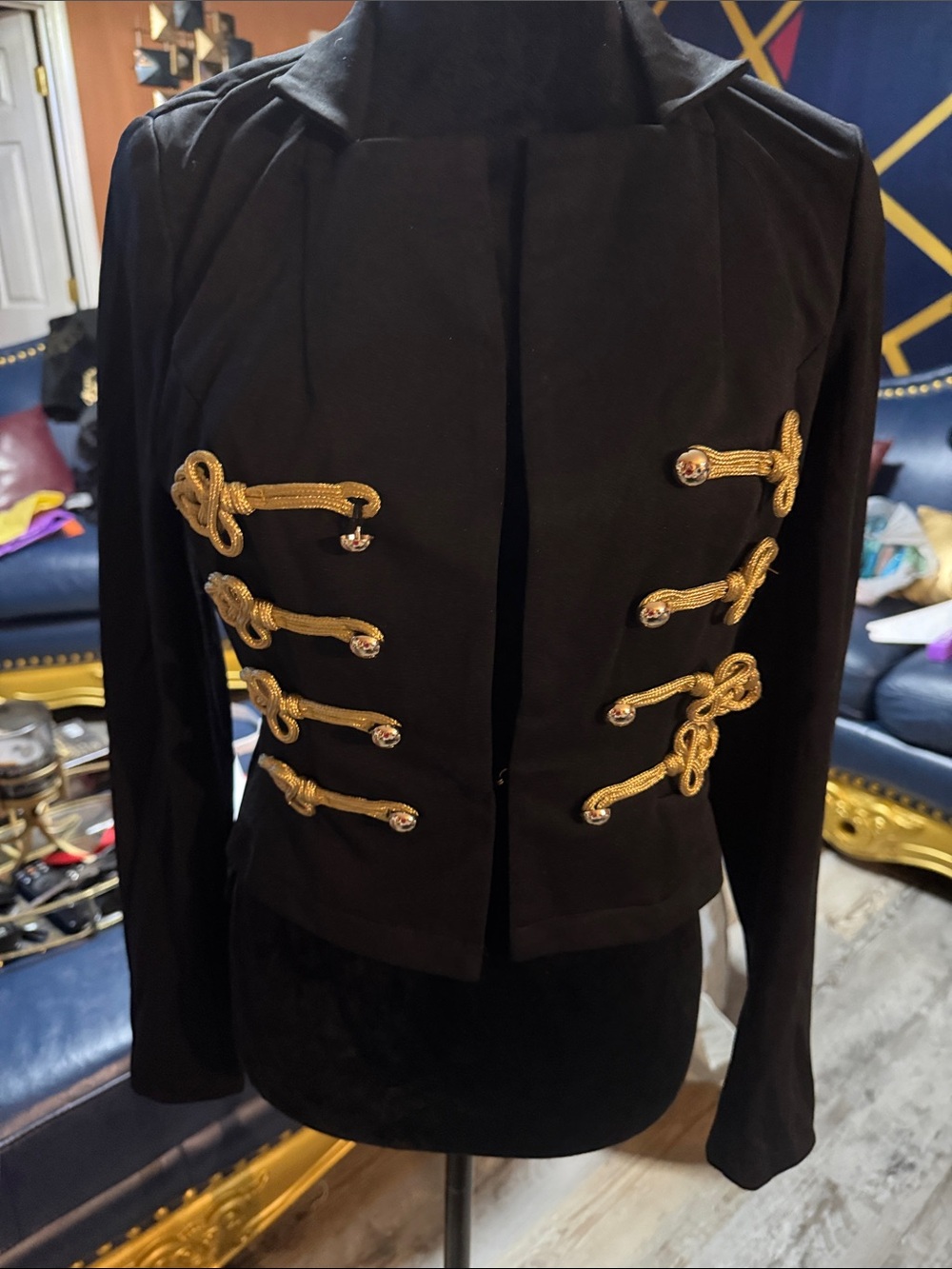 Black Military-Inspired Women's Jacket with Gold Braid